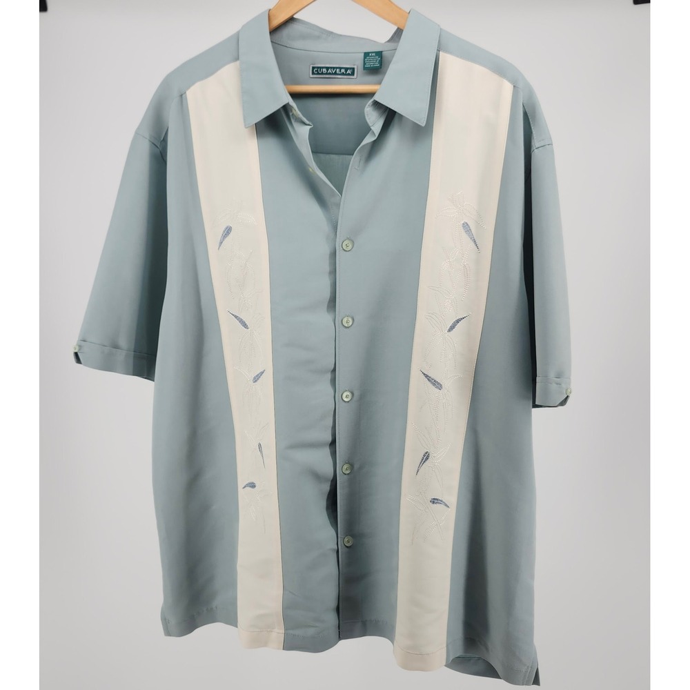 Cubavera Mens XXL Short Sleeve Embroidered Camp Shirt Sage Green Bowl Hawaiian